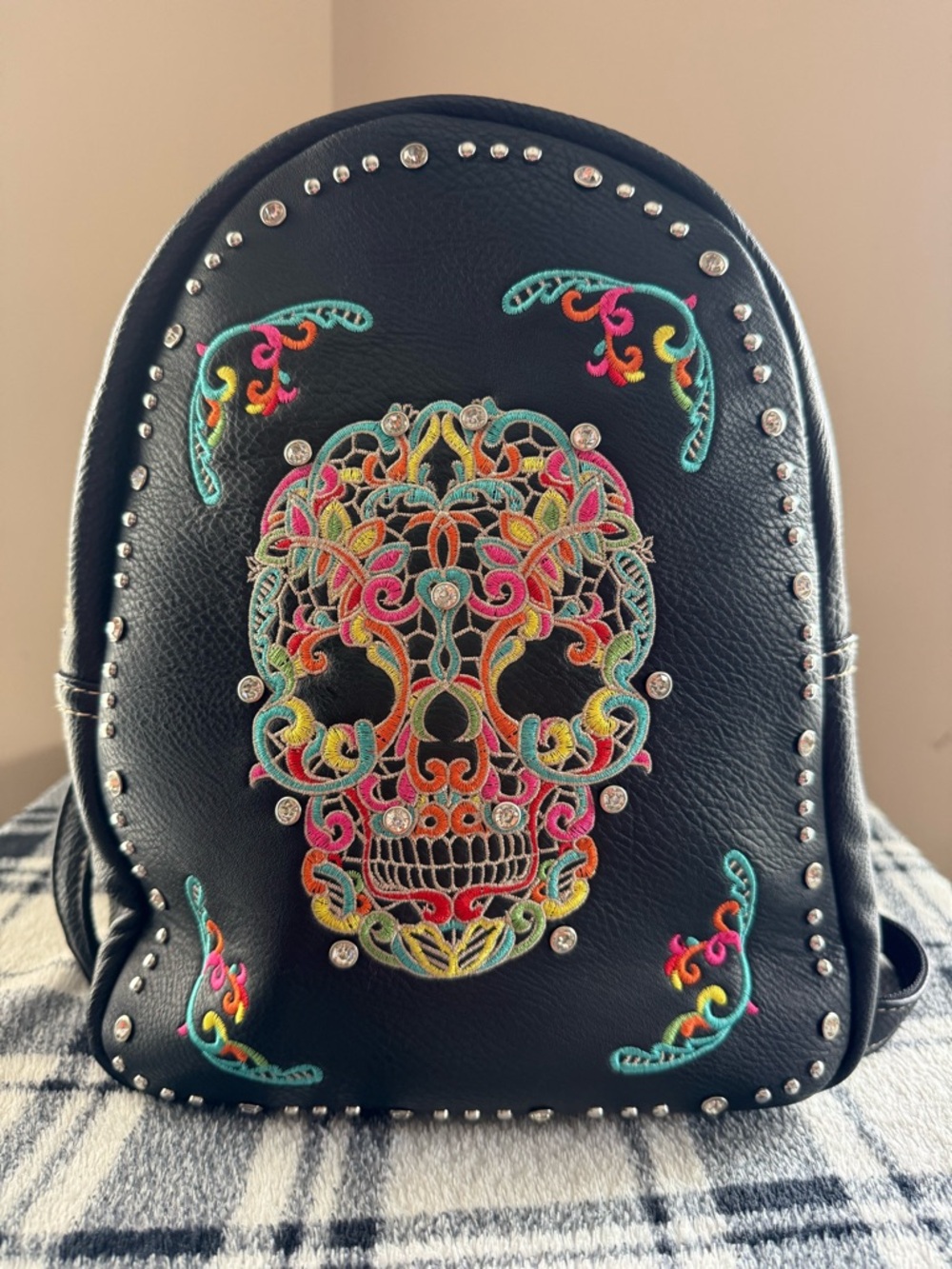 Montana West Black Mini Backpack with Multicolor Embroidered Sugar Skull